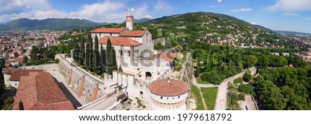 Hyper panorama of the entire architectural complex of the castle in Brescia city. Lombardy, Italy