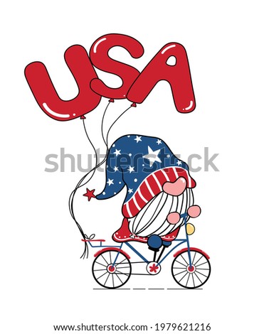 Cute Gnome 4th of July, Independence day, Gnome on bike with USA balloons, Doodle cartoon flat vector illustration for greeting card, t shirt printing