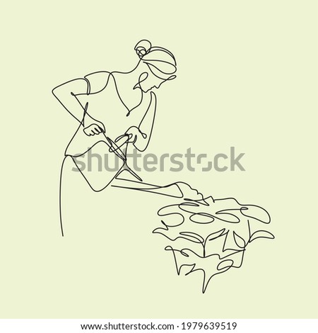 woman watering the garden line art vector