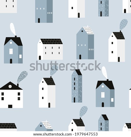 Vector hand-drawn colored seamless repeating childish simple pattern with cute houses in Scandinavian style on a blue background. Childish seamless pattern with houses. City. Houses. Architecture.