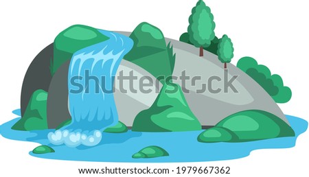 Falling water. River waterfall falls from cliff white background. Water fall streams. Tourist attraction with beautiful small waterfall and clear water. Cartoon landscapes with mountains and tree