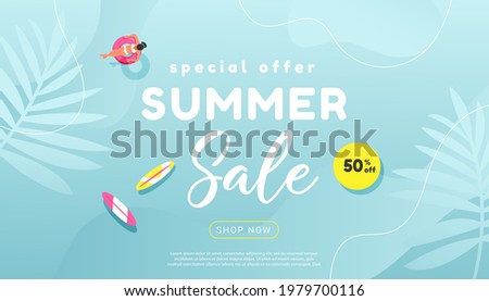 Creative summer sale banner in trendy bright colors with tropical leaves and discount text. Season promotion illustration. Royalty-Free Stock Photo #1979700116