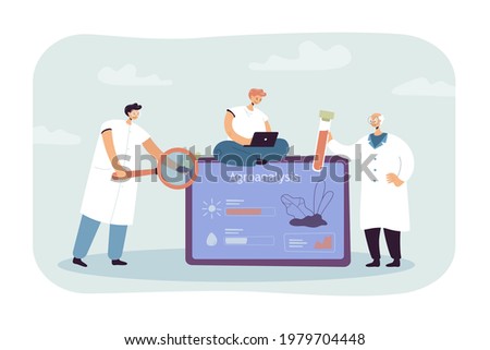 Cartoon tiny scientists doing agroanalysis. Flat vector illustration. Researchers making agrochemical soil analysis with giant test tube and magnifying glass. Soil science, agrology concept for design Royalty-Free Stock Photo #1979704448