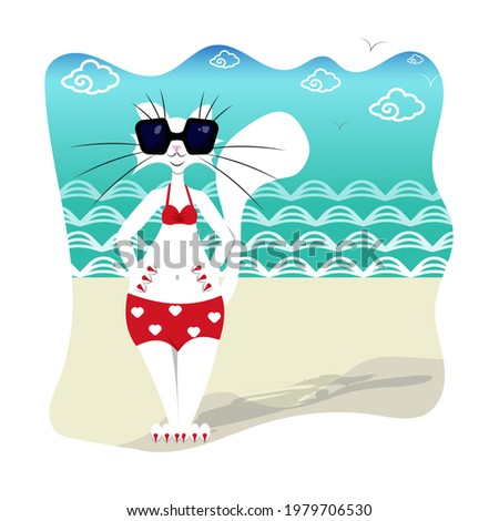 beach summer white cat in red swimsuit sunglasses Sea waves seagulls clouds vacation red manicure pedicure vacation