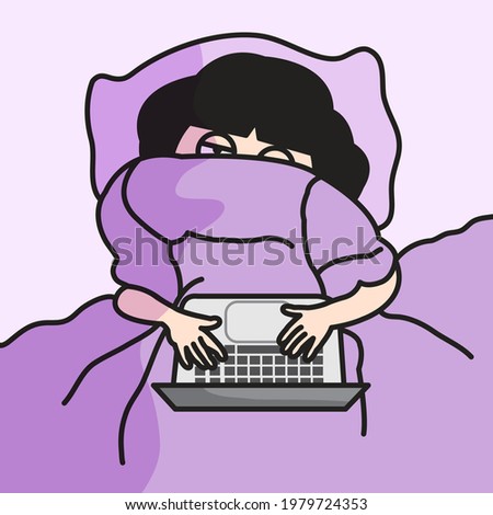 Tired Girl Covering Face With Blanket While Working On Laptop In Bed Concept Card Character illustration