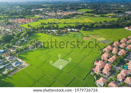 Land plot in aerial view. Gps registration survey of property, real estate for map with location, area. Concept for residential construction, development. Also home or house for sale, buy, investment. Royalty-Free Stock Photo #1979726726