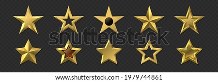 Realistic golden stars. 3D metal luxury awards. Shiny gold marks and review symbols. Metallic badges set of best quality or victory. Yellow pentagram. Rating icons. Vector decoration
