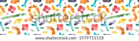 Probiotics. Lactic acid bacteria. Good microorganisms for gut and intestinal flora health. Microflora. Bifidobacterium, lactobacillus,  lactococcus, thermophilus streptococcus. Vector seamless pattern Royalty-Free Stock Photo #1979751518