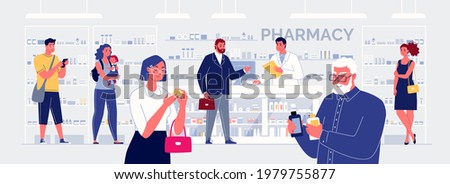 At the counter, a smiling pharmacist takes turns selling drugs to customers. Close-up: People in the pharmacy review the purchased medicines. Colored vector illustration in flat cartoon style. Royalty-Free Stock Photo #1979755877