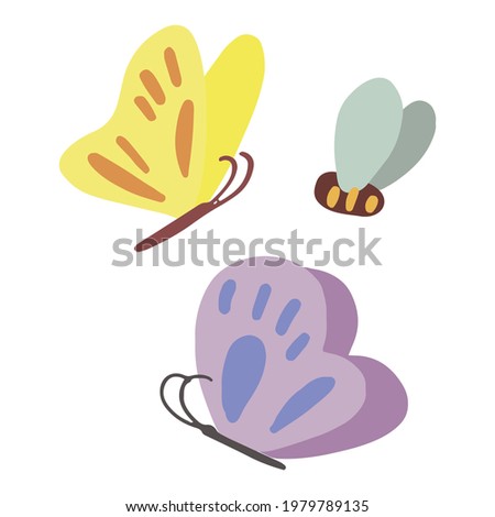 Doodles of butterfly and bee set. Collection of hand drawn vector illustrations. Colorful cartoon cliparts isolated on white background. Simple elements for design, print, decor, postcard, stickers.