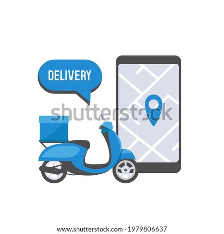 Delivery concept. Scooter and smartphone with navigator. Vector illustration.