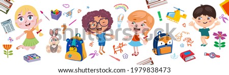 Boys and girls go to school. Long panoramic drawing on the background of school supplies, chalk drawings. Funny cartoon characters. Vector illustration. Isolated over white background.