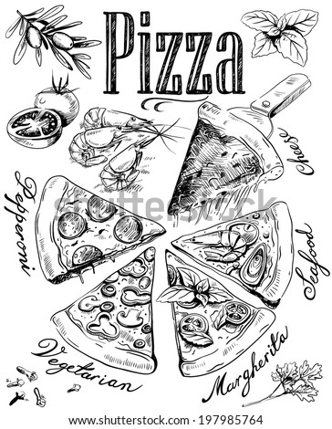 hand-drawn pizza with ingredients
