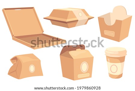Set of cartoon boxes and containers for food and drinks. Vector illustration. Collection of cardboard packagings for pizza, sushi, burgers, coffee, Chinese and fast food. Product packing, food concept