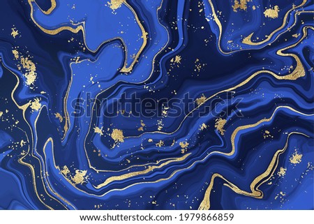 Indigo blue liquid marbled watercolor background with golden glitter lines. Luxury cyan marbled alcohol ink drawing effect backdrop and kintsugi. Vector illustration of abstract stylish fluid art.
