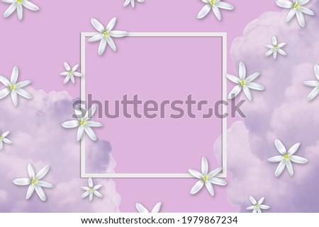 Pink background with white flowers and a white square border in the middle. Background.