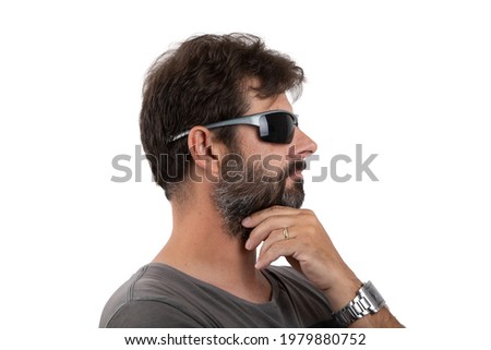 portrait of ordinary forty - 40 years old bearded man with sunglasses isolated on white Royalty-Free Stock Photo #1979880752