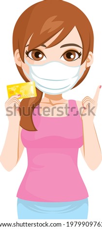 Vector illustration of  woman holding credit card wearing medical face mask covid-19 pandemic and contactless shopping concept