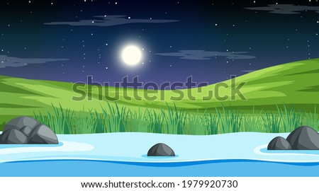 Nature forest landscape at night scene with long river flowing through the meadow illustration