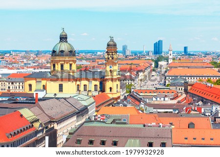 Panoramic view of Theatine Church and Odeonsplatz in Munich Germany . Central city view of capital and most populous city of Bavaria