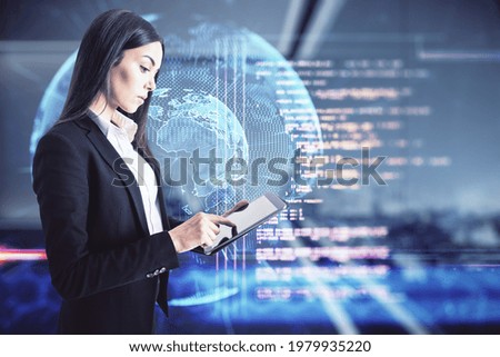 Online programming education concept with young woman with digital tablet on virtual screen background with programming code and world map layout