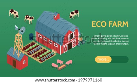 Ecological organic farming online eco farm isometric website banner with barn windmill livestock vegetables background vector illustration