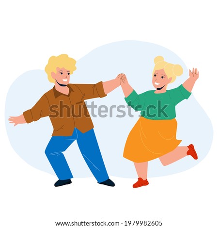 Kids Dancing Together On Children Party Vector. Happy Smiling Boy And Girl Kids Dancing In Dance School. Cute Characters Choreography, Funny Leisure Childhood Flat Cartoon Illustration