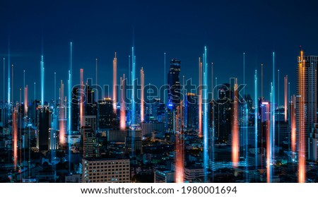 Smart city with wireless network connection and cityscape.big data connection technology concept.Wireless network and Connection technology concept with city background at night. Royalty-Free Stock Photo #1980001694