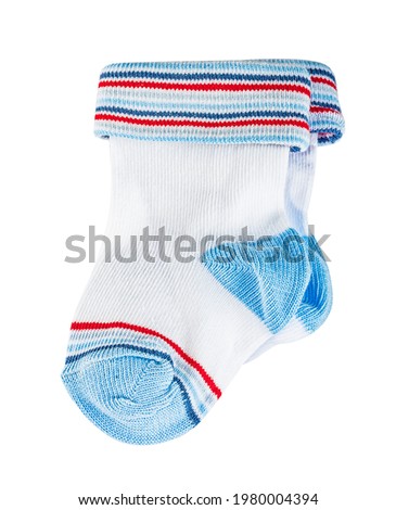 Children's  tiny tiny striped socks, white, blue and red in the pattern. Isolated on a white background. 