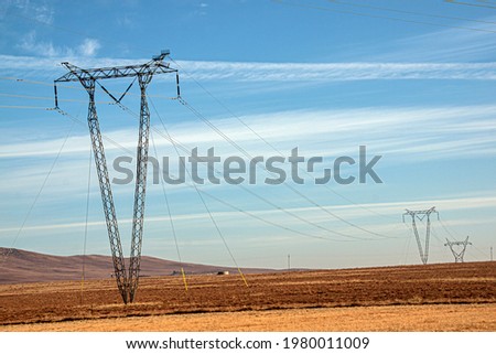 Tall metal supports and powerlines in dry countryside