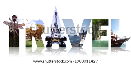 Travel. Collage of beautiful places of the world with reflection on white