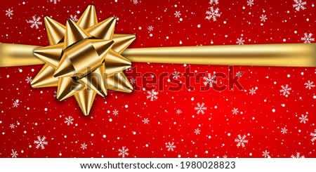 Snow red background. Christmas snowy winter design, gold ribbon bow 3d. White falling snowflakes, abstract landscape. Cold weather effect. Magic nature fantasy snowfall decoration Vector illustration