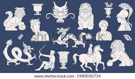 Ancient Greece and Asia antique elements collection. Japanese dragon, Komainu dogs set. Different marble male and female statues in simple cartoon style. Royalty-Free Stock Photo #1980030734