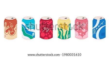 Colorful soda cans collection . Delicious summer beverages in packaging set. Different juice drinks design elements.