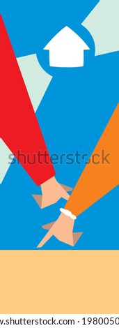 Fingers pointing on the ground with a home's icon on the background. Suitable for a banner for mental care, charity, shelters organizations.