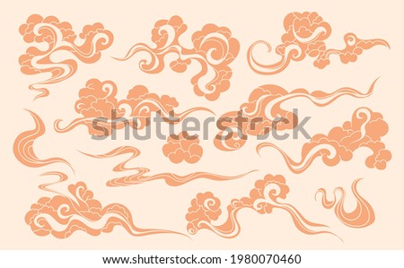 Ornamental clouds elements collection . Asian waves set. Different curly smoke shapes.