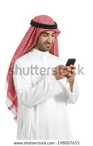 Arab saudi emirates happy man using a smart phone isolated on a white background              