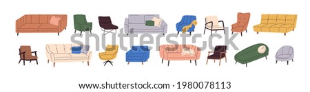 Set of trendy sofas, chairs, armchairs, ottomans, and couches with cushions in retro mid-century style. Modern soft furniture collection. Colored flat vector illustration isolated on white background Royalty-Free Stock Photo #1980078113