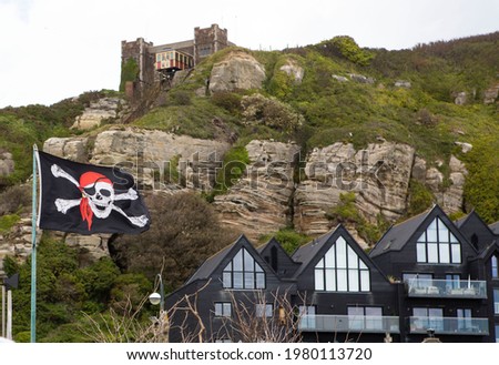 Pirate flag flying in front of Hastings funicular
