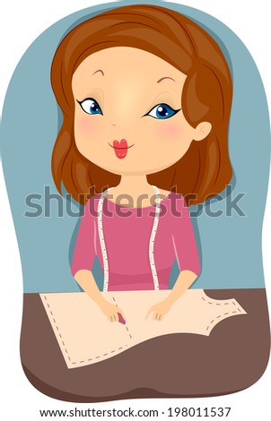 Illustration of a Female Fashion Designer Drawing Lines on a Piece of Pattern Paper