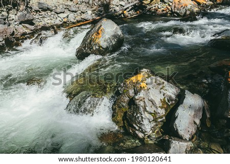 Atmospheric mountain landscape with turbulent mountain river among rocks with moss near rocky wall in sunshine. Beautiful alpine scenery with wet mossy stones in powerful mountain river in sunlight.