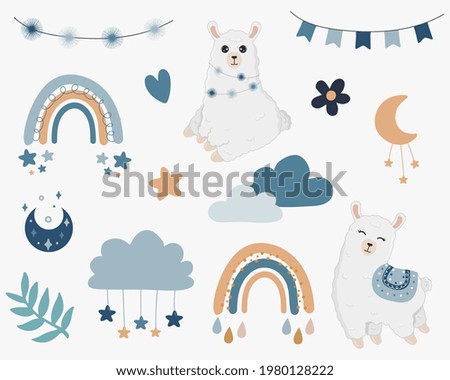 Vector  boho clipart for nursery decoration with cute rainbows, moon, alpaca, llama, cloud, stars. Modern illustration. Perfect for baby shower, birthday, children's party. 