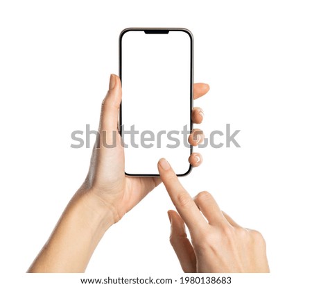 Female hands holding modern cellphone. Close up of woman hands holding smart phone with blank screen. Empty smartphone white screen ready for your app to be placed isolated on white background. 