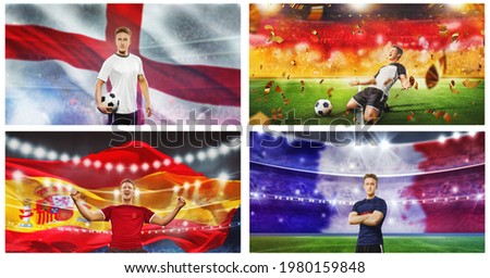 Soccer players, group of footballers with national flags