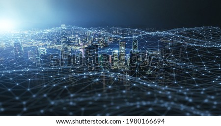 Plexus connection connectivity smart city scape blue background. Wireless communication digital networking fast deep learning machine improving development future AI machine and technology concept. Royalty-Free Stock Photo #1980166694