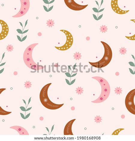 Vector cute kids seamless pattern with boho elements, moon, start, leaf, mystical elements in cartoon style. Hippie chic background. Good for fabric, wrapping, textile, wallpaper, apparel.