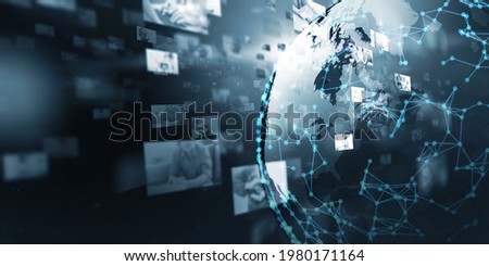 Multimedia digital content entertainment streaming communication social networking connectivity technology concept, world wide web hologram simulation global environment, banner blue background Royalty-Free Stock Photo #1980171164