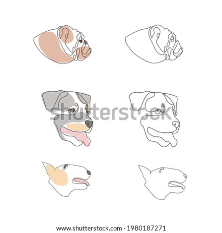 set of images of dogs of breeds bull terrier, english bulldog, rottweiler in artline style two options - with colored spots and only black lines 