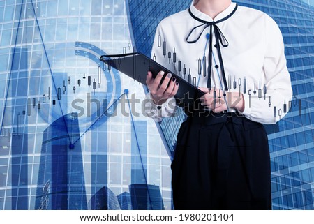 business woman in modern financial offices with profit growth charts, finance and economic trading concept