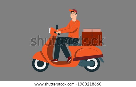 character of a person delivering goods in a box on a motorbike. grey background